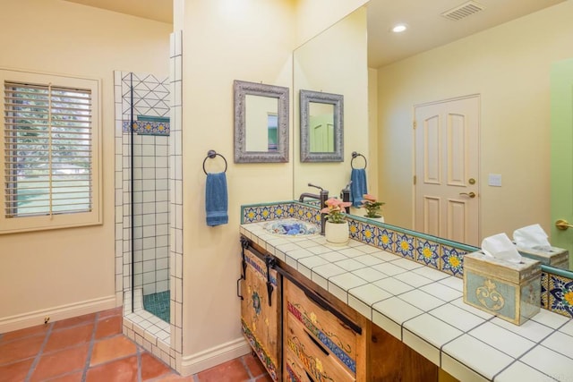 4843 La Jacaranda, Rancho Santa Fe, CA 92067 - full bath with baseboards, tiled shower, vanity, and tile patterned flooring