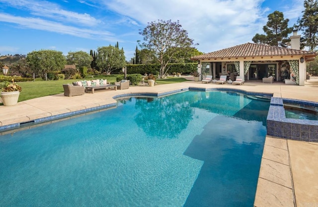 4843 La Jacaranda, Rancho Santa Fe, CA 92067 - view of swimming pool with an outdoor living space, a patio area, a lawn, and a pool with connected hot tub
