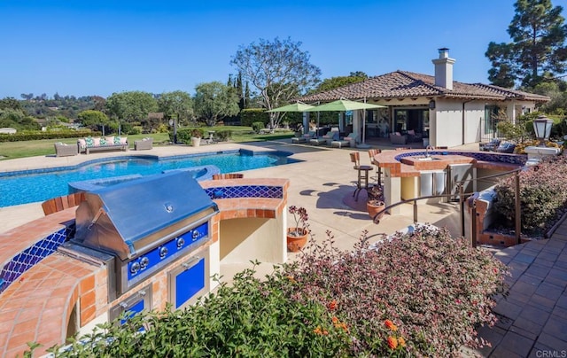 4843 La Jacaranda, Rancho Santa Fe, CA 92067 - outdoor pool with an outdoor living space with a fire pit, area for grilling, and a patio area