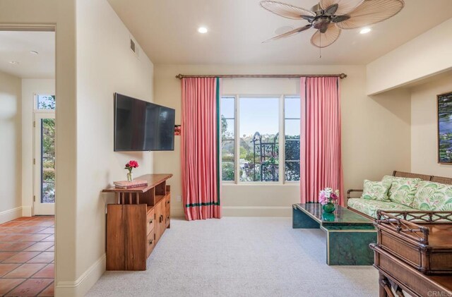 4843 La Jacaranda, Rancho Santa Fe, CA 92067 - carpeted living room featuring plenty of natural light, recessed lighting, ceiling fan, and baseboards