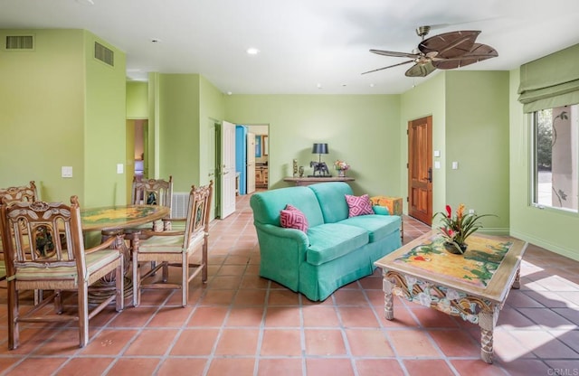 4843 La Jacaranda, Rancho Santa Fe, CA 92067 - tiled living room with recessed lighting and ceiling fan