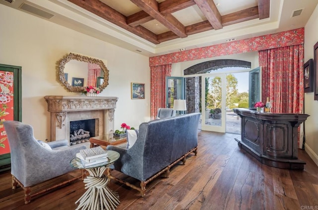 4843 La Jacaranda, Rancho Santa Fe, CA 92067 - living room featuring hardwood / wood-style floors, a high end fireplace, beamed ceiling, coffered ceiling, and baseboards