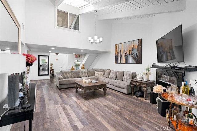 2011 W Katella Ave Unit 17, Anaheim, CA 92804 - living area featuring a chandelier, wood finished floors, high vaulted ceiling, and wood ceiling with exposed beams