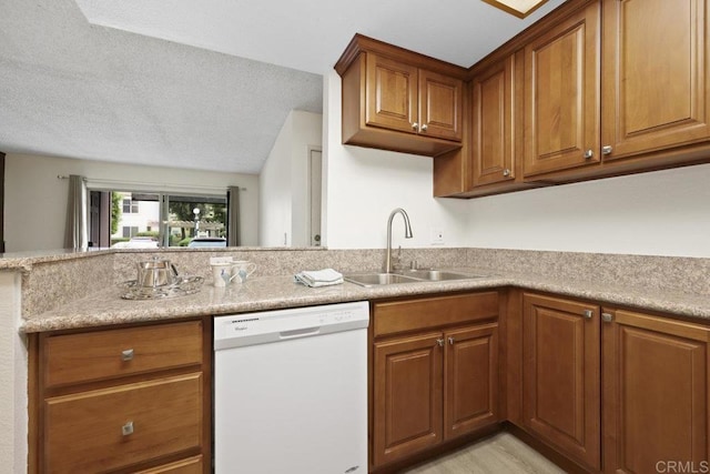 5938 Rancho Mission Rd Unit 133, San Diego, CA 92108 - kitchen with dishwasher, a sink, brown cabinets, light countertops, and a textured ceiling