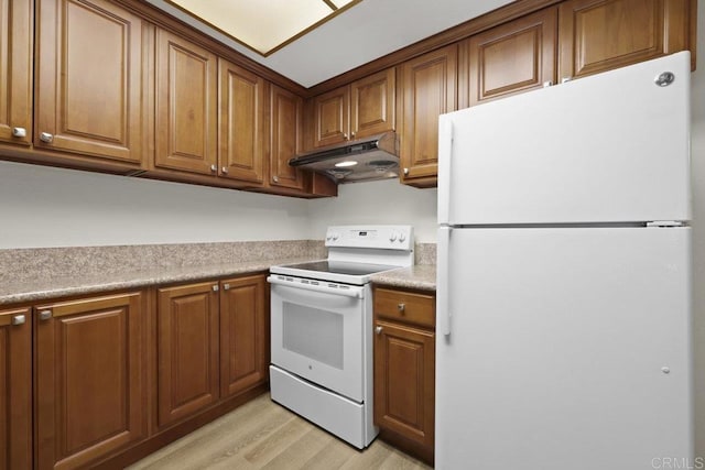 5938 Rancho Mission Rd Unit 133, San Diego, CA 92108 - kitchen with white appliances, under cabinet range hood, light wood-style flooring, and brown cabinets
