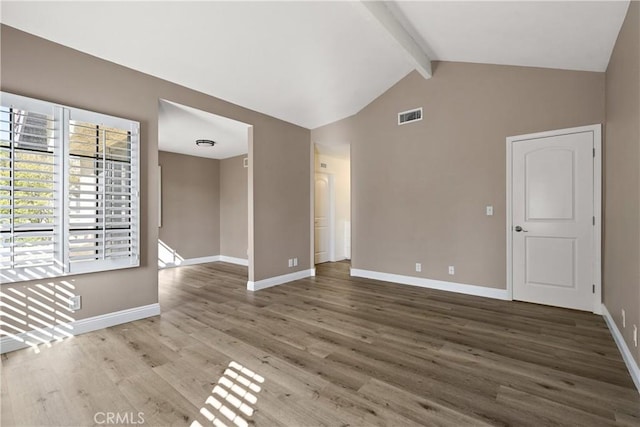 1202 Monte Sereno Dr, Thousand Oaks, CA 91360 - spare room with beamed ceiling, baseboards, wood finished floors, and high vaulted ceiling