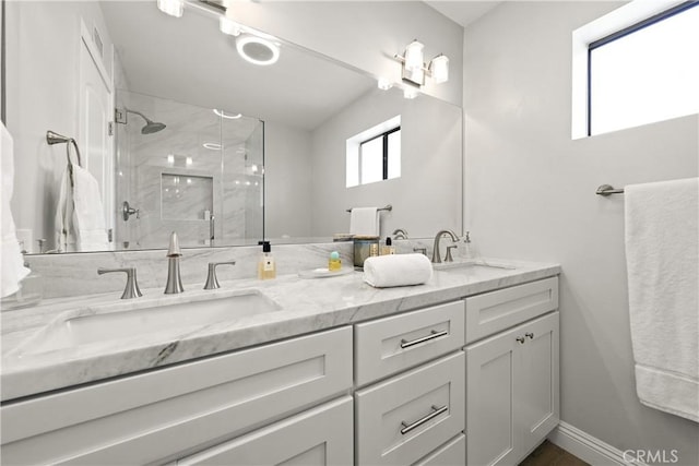 1202 Monte Sereno Dr, Thousand Oaks, CA 91360 - full bathroom featuring double vanity and a marble finish shower