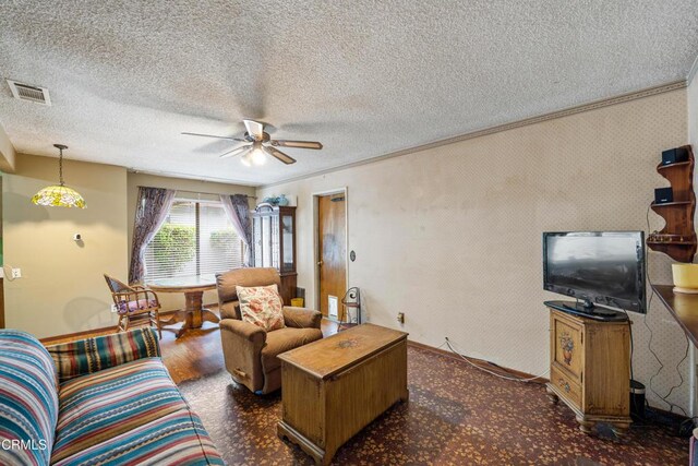 4320 Hamilton Ave, Oxnard, CA 93033 - living area featuring a ceiling fan, a textured ceiling, and crown molding