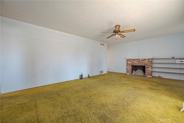 1640 Shirley St, Merced, CA 95341 - unfurnished living room featuring carpet floors, a ceiling fan, and a brick fireplace