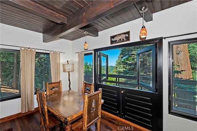 28545 Wabash Dr, Lake Arrowhead, CA 92352 - dining area with plenty of natural light, wood finished floors, and beamed ceiling