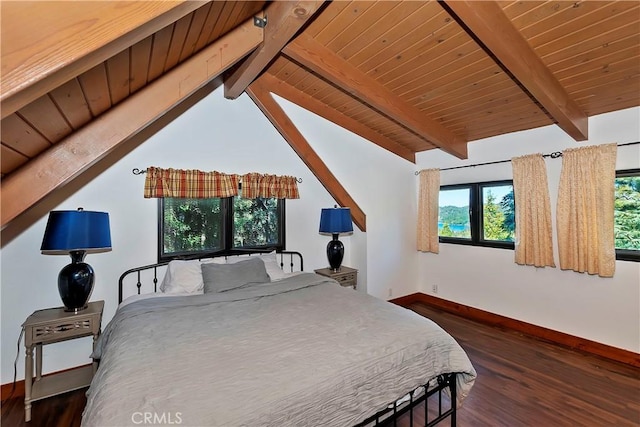 28545 Wabash Dr, Lake Arrowhead, CA 92352 - bedroom featuring multiple windows, baseboards, wood finished floors, and wooden ceiling