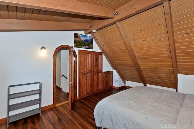28545 Wabash Dr, Lake Arrowhead, CA 92352 - bedroom featuring wood ceiling, baseboards, wood finished floors, and arched walkways
