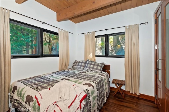28545 Wabash Dr, Lake Arrowhead, CA 92352 - bedroom with multiple windows, wood finished floors, and wood ceiling with exposed beams