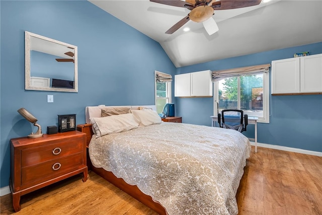 17508 Strathern St, Northridge, CA 91325 - bedroom featuring light wood-style flooring, lofted ceiling, baseboards, and a ceiling fan