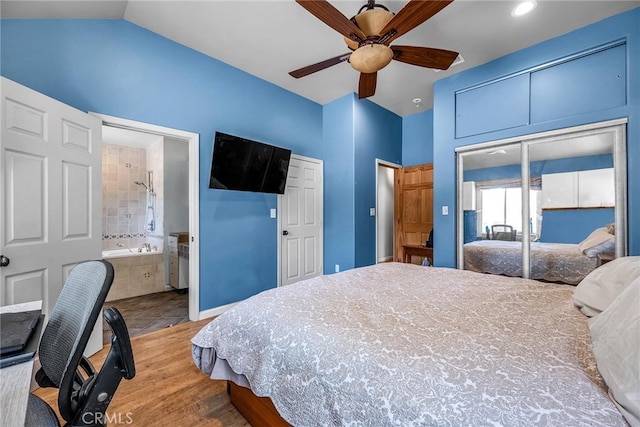 17508 Strathern St, Northridge, CA 91325 - bedroom with light wood finished floors, a closet, a ceiling fan, and recessed lighting
