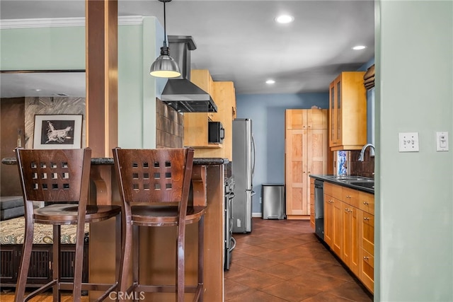 17508 Strathern St, Northridge, CA 91325 - kitchen featuring freestanding refrigerator, black dishwasher, a sink, dark countertops, and recessed lighting