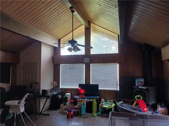 23304 Crest Forest Dr, Crestline, CA 92325 - recreation room featuring a ceiling fan, wood ceiling, wood finished floors, a wood stove, and wood walls