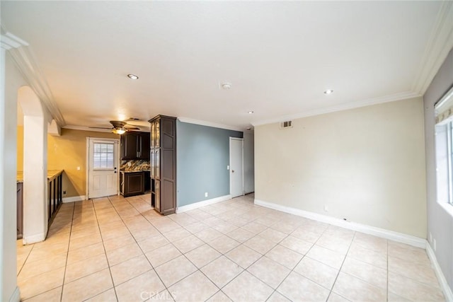 4496 Lyon Ave, Riverside, CA 92505 - unfurnished living room with crown molding, ceiling fan, light tile patterned floors, baseboards, and recessed lighting