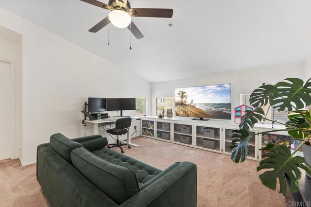 305 Cobblestone Pl, Santee, CA 92071 - carpeted living room featuring ceiling fan and lofted ceiling