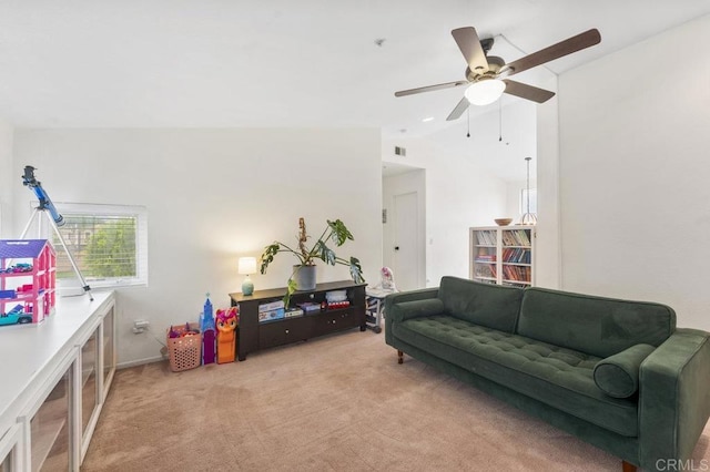 305 Cobblestone Pl, Santee, CA 92071 - carpeted living area with vaulted ceiling and ceiling fan