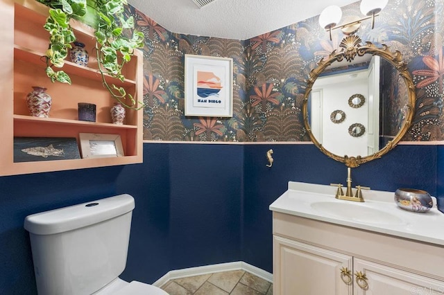 305 Cobblestone Pl, Santee, CA 92071 - half bath featuring vanity, wallpapered walls, tile patterned flooring, and a textured ceiling