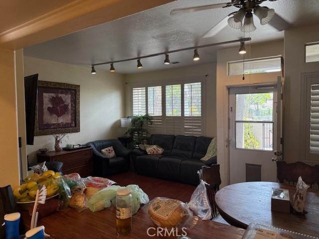 19 Softwind, Aliso Viejo, CA 92656 - living room with wood finished floors, a ceiling fan, and rail lighting