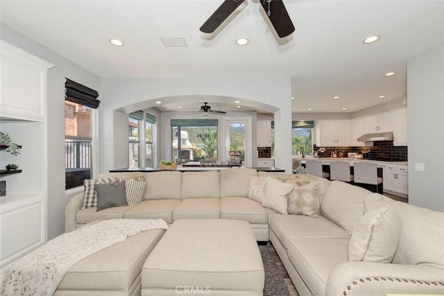 12 Thorn Oak, Rancho Santa Margarita, CA 92679 - living room featuring ceiling fan, arched walkways, plenty of natural light, and recessed lighting