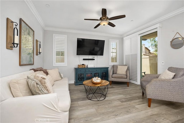 45437 Calle Cirros, Temecula, CA 92592 - living area with crown molding, ceiling fan, and light wood-style flooring