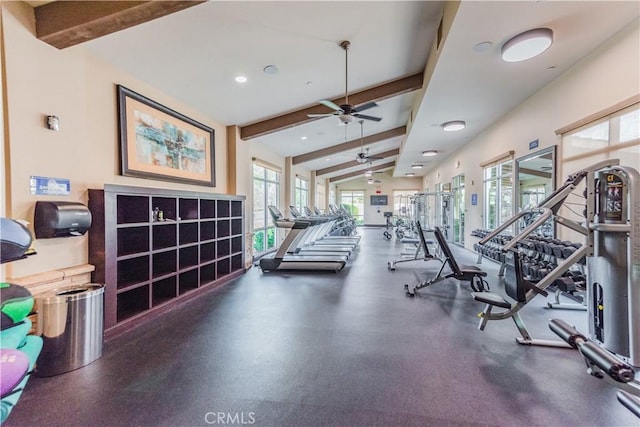 6611 Eucalyptus Ave, Chino, CA 91710 - workout area featuring a ceiling fan and recessed lighting