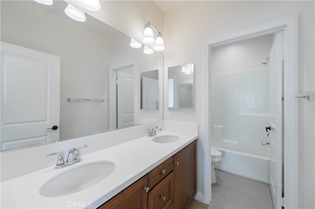 6611 Eucalyptus Ave, Chino, CA 91710 - bathroom featuring double vanity, toilet, shower / tub combination, and tile patterned floors