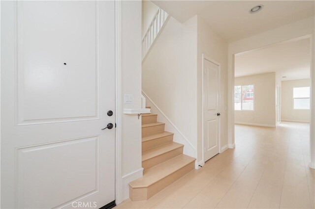 6611 Eucalyptus Ave, Chino, CA 91710 - foyer featuring stairway, light wood finished floors, and baseboards