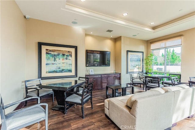 6611 Eucalyptus Ave, Chino, CA 91710 - living room with a raised ceiling, dark wood-style flooring, and recessed lighting