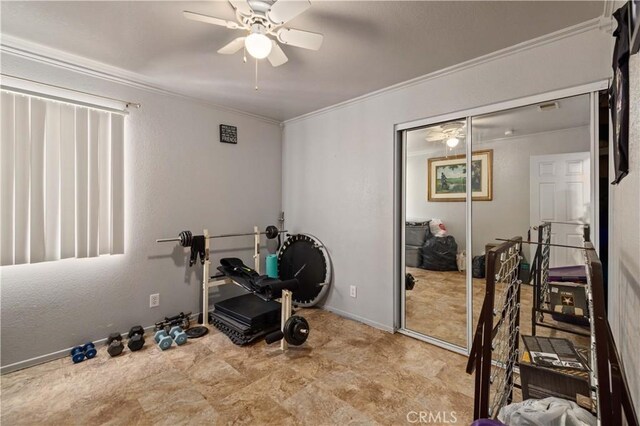 36903 Firethorn St, Palmdale, CA 93550 - exercise room featuring a ceiling fan and crown molding