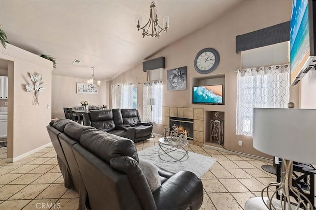 36903 Firethorn St, Palmdale, CA 93550 - living area featuring a chandelier, a fireplace, baseboards, high vaulted ceiling, and light tile patterned floors
