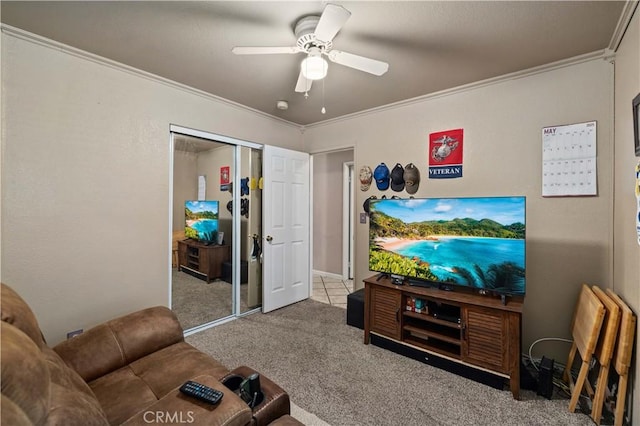 36903 Firethorn St, Palmdale, CA 93550 - living room featuring ornamental molding, carpet, and ceiling fan