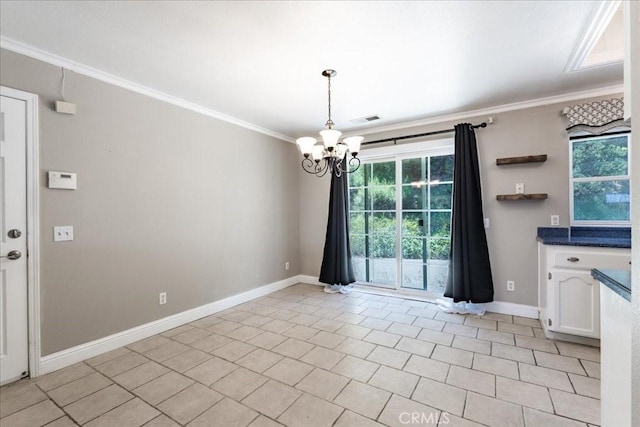 54326 Wildwood Springs Trl, North Fork, CA 93643 - unfurnished dining area with a chandelier, baseboards, crown molding, healthy amount of natural light, and light tile patterned flooring