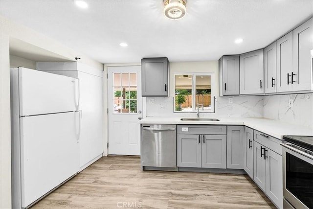 6064 Cahuilla Ave Unit 29, Palms, CA 92277 - kitchen with stainless steel appliances, gray cabinetry, a sink, recessed lighting, and light countertops