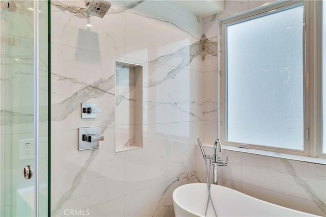 719 1st Pl, Hermosa Beach, CA 90254 - full bath with a soaking tub, a marble finish shower, and tile walls