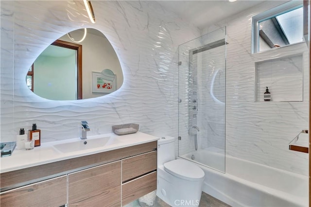 719 1st Pl, Hermosa Beach, CA 90254 - bathroom featuring vanity, toilet, enclosed tub / shower combo, and tile walls