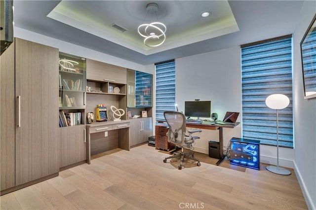 719 1st Pl, Hermosa Beach, CA 90254 - office with light wood-style floors, a tray ceiling, a chandelier, baseboards, and recessed lighting