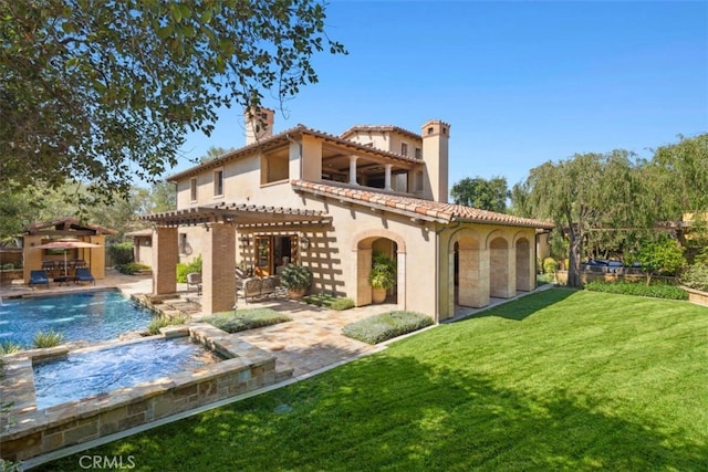 97 Canyon Crk, Irvine, CA 92603 - rear view of property featuring a pergola, a chimney, a lawn, and a patio area