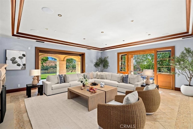 97 Canyon Crk, Irvine, CA 92603 - living room featuring plenty of natural light, baseboards, crown molding, and a raised ceiling