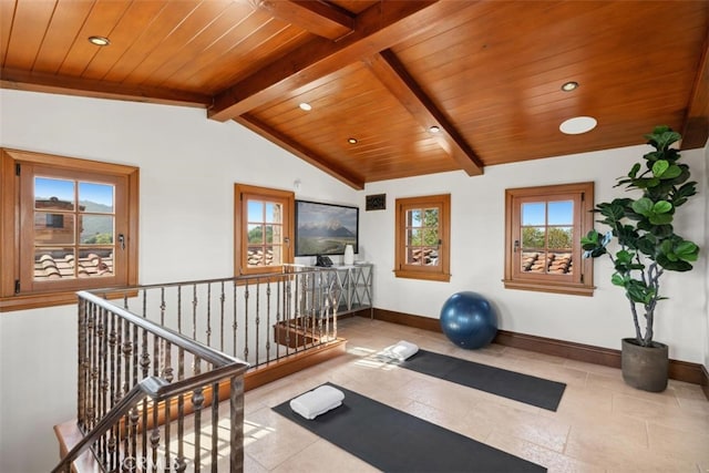 97 Canyon Crk, Irvine, CA 92603 - exercise room featuring wooden ceiling, baseboards, vaulted ceiling, tile patterned floors, and recessed lighting