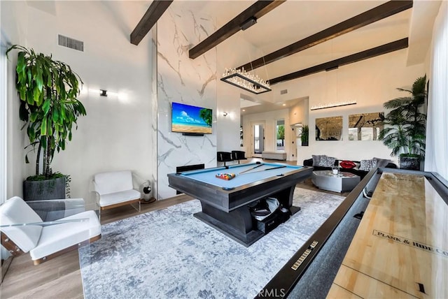 30402 Marbella, San Juan Capistrano, CA 92675 - recreation room featuring high vaulted ceiling, pool table, beam ceiling, and wood finished floors