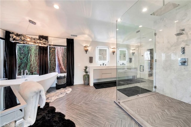 30402 Marbella, San Juan Capistrano, CA 92675 - full bath featuring a stall shower, vanity, and a freestanding bath