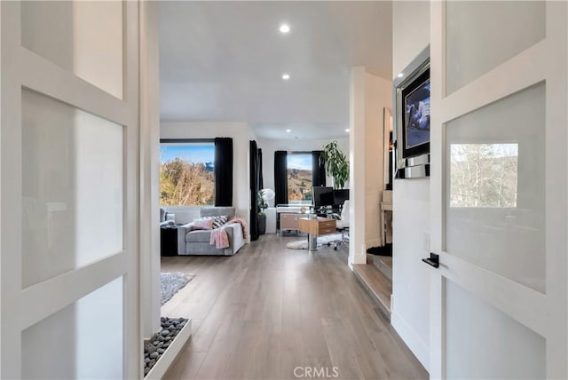 30402 Marbella, San Juan Capistrano, CA 92675 - corridor with an office area, light wood finished floors, and recessed lighting