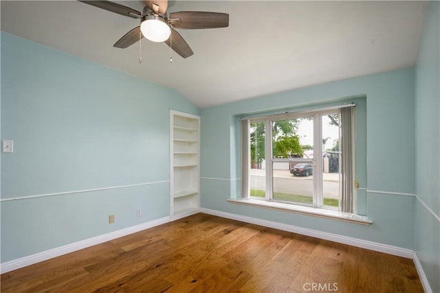 16243 Lisco St, Whittier, CA 90603 - spare room with lofted ceiling, baseboards, wood finished floors, and ceiling fan