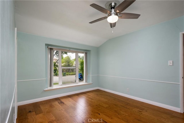 16243 Lisco St, Whittier, CA 90603 - empty room with baseboards, lofted ceiling, wood finished floors, and a ceiling fan