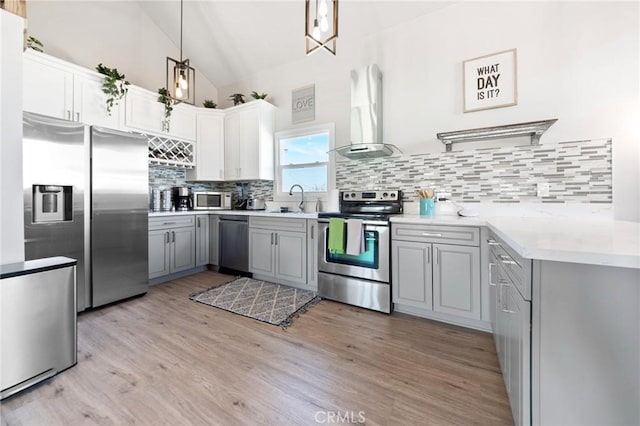 64952 Twentynine Palms Hwy, Joshua Tree, CA 92252 - kitchen featuring stainless steel appliances, island exhaust hood, a sink, gray cabinets, and decorative backsplash