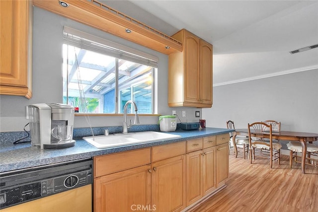 3421 Autumn Ave, Chino Hills, CA 91709 - kitchen with dishwashing machine, a sink, light wood finished floors, dark countertops, and crown molding